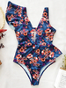 Femmes All Over Floral Print Asymmetric Ruffle Shoulder Flounce One Maillot de bain pièce