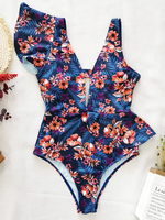 Femmes All Over Floral Print Asymmetric Ruffle Shoulder Flounce One Maillot de bain pièce