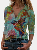 Femmes Art Peinture Animal Imprimé Revers Plunge Casual Blouses À Manches Longues