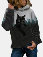 Femmes Black Cat Landscape Print Casual Plus Taille Pullover Drawstring Hoodie