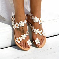 Femmes Bohême Fleur Decro Perles Toe Ring Casual Summer Beach Sandales plates