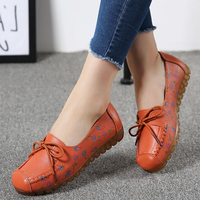 Femmes bowknot fleurs impression confortable antidérapant Soft semelle en cuir décontractée mocassins