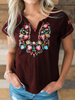 Femmes broderie florale col en v vintage t-shirts à manches courtes