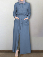 Femmes caftan couleur unie revers poches avant outillage robes maxi
