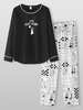 Femmes Cartoon Anime Imprimer Noir Pull Taille Élastique Pantalon Accueil Pajma Ensemble