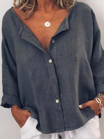 Femmes Casual col en V à manches longues bouton chemisier de couleur unie