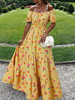 Femmes Élastique Col Carré Imprimé Floral Vacances Étage Maxi Robe Avec Ceinture