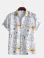 Funny Carton Cool Cats Print Respirant Manches courtes Chemises de vacances décontractées