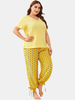 Grande taille femmes couleur unie col en v haut imprimé cordon cravate poutre pieds longs pantalons maison pyjama ensemb