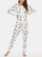 Grande taille femmes mignon dessin animé ours imprimé col rond à manches longues demi-bouton maison vêtements de nuit ba