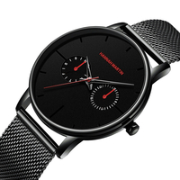 Hannah Martin mode décontractée avec calendrier double cadran en acier maille / bracelet en cuir PU 3ATM étanche hommes