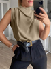 Haut décontracté de couleur unie sans manches col drapé plissé pour femme
