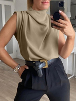 Haut décontracté de couleur unie sans manches col drapé plissé pour femme