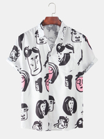 Hommes dessin animé visage bâton chiffres imprimer manches courtes vacances chemises décontractées