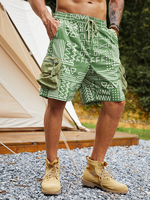Hommes Deux Grandes Poches Imprimé Géométrique Mi Longueur Short Salopette Avec Cordon De Serrage
