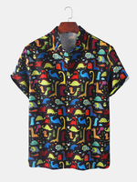 Hommes dinosaure dessin animé impression col rabattu chemises à manches courtes