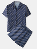 Hommes Marine Stripe Revere Col Deux Pièces Faux Soie Accueil Chemises Shorts