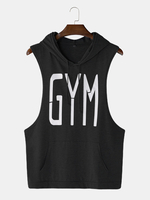 Hommes Mode Lettre Imprimer Capuche Sans Manches Poche Couleur Unie Sport Tops