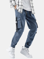 Hommes multi-poches occasionnels poignets élastiques cordon de serrage poutre pieds pantalons jeans