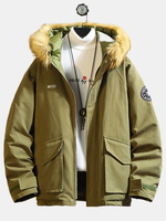 Hommes nouveau style pentagramme lettre broderie grand col de fourrure à capuche lâche couleur unie manteaux