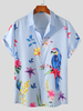 Hommes Oiseaux & Fleurs Boutons Manches Courtes Revers Chemises Respirantes Décontractées