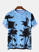 Hommes oiseaux de style tropical arbres impression manches courtes col rond T-shirts décontractés