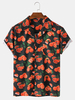 Hommes Orange Fruit Print Pocket manches courtes Revere Collar Casual Shirts
