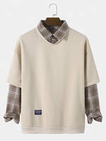 Hommes Patchwork Fakes Two Plaid Shirt Contrast Trendy Pullover Sweatshirt