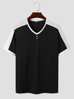 Hommes Patchwork Soft T-shirts à manches courtes élégants avec boutons décoratifs