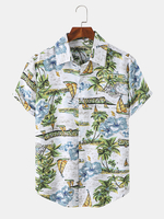 Hommes Paysage Bateau & Arbre Motif Manches Courtes Style Hawa Chemises Élégantes