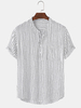 Hommes Pinstripe col montant Casual manches courtes Henley chemises avec poche