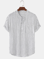 Hommes Pinstripe col montant Casual manches courtes Henley chemises avec poche