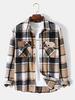 Hommes Plaid Double Poitrine Poches Boutonnées Revers Contraste Chemises Décontractées