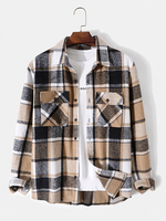Hommes Plaid Double Poitrine Poches Boutonnées Revers Contraste Chemises Décontractées