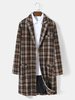 Hommes Plaid Laine à simple boutonnage Col plat Long Trench Poches Manteaux Décontractés