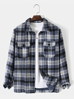 Hommes Plaid Poitrine Poches Boutonner Revers Chemises Vestes À Manches Longues