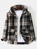 Hommes Plaid Zipper Double Poches Bouton Cordon De Serrage Casual Vestes À Capuche À Manches Longues