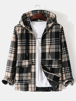 Hommes Plaid Zipper Double Poches Bouton Cordon De Serrage Casual Vestes À Capuche À Manches Longues