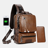 Hommes PU cuir Vintage multifonction écouteurs trou USB charge sac à bandoulière sac de poitrine sac à bandoulière