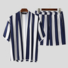 Hommes Rayé Manches Courtes Poches Cardigan Décontracté et Costumes Pantalons Courts