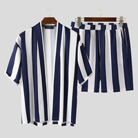 Hommes Rayé Manches Courtes Poches Cardigan Décontracté et Costumes Pantalons Courts