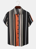Hommes Rayé Style Vintage Manches Courtes Soft Respirant Revers Col Chemises Brèves