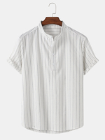 Hommes rayures verticales col montant manches courtes demi-bouton ouvert Henley chemises