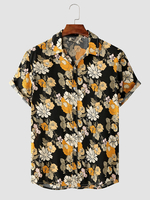 Hommes Retro Allover Floral Print Front Button Cuff Hem Soft Chemises décontractées