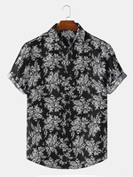 Hommes Rose Graffiti Print Botton Up Turn Down Collar Short Sleeve Casual Shirts