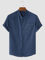 Hommes Solid Color Denim Front Button Cuff Hem Stand Collar Casual Shirts