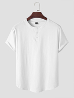 Hommes solide demi boutons O cou Soft respirant à manches courtes bref t-shirt décontracté