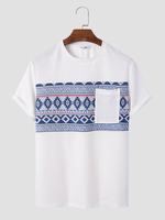 Hommes Tribal Print Chest Pocket Crew Neck Soft T-shirts décontractés à manches courtes