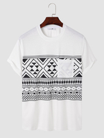 Hommes Tribal Print Chest Pocket Crew Neck Soft T-shirts décontractés à manches courtes