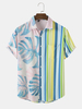 Hommes Tropical Leaf & Striped Print Two Tone Lifeful Single Pocket Soft Chemises Respirantes